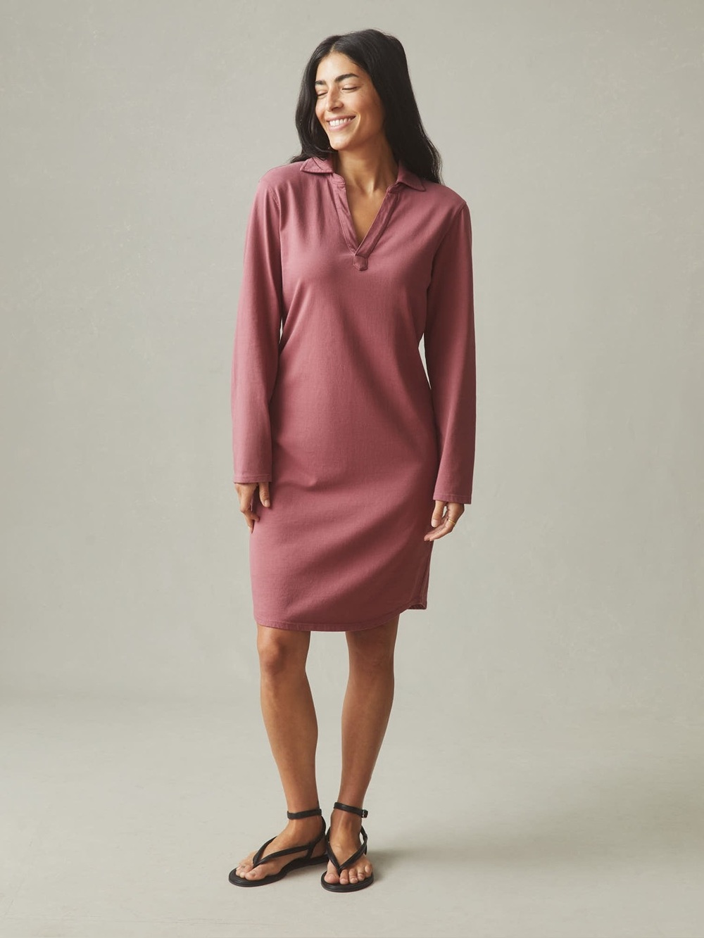 American Giant Popover Long Sleeve Polo Collar Mini Dress Wild Ginger Medium